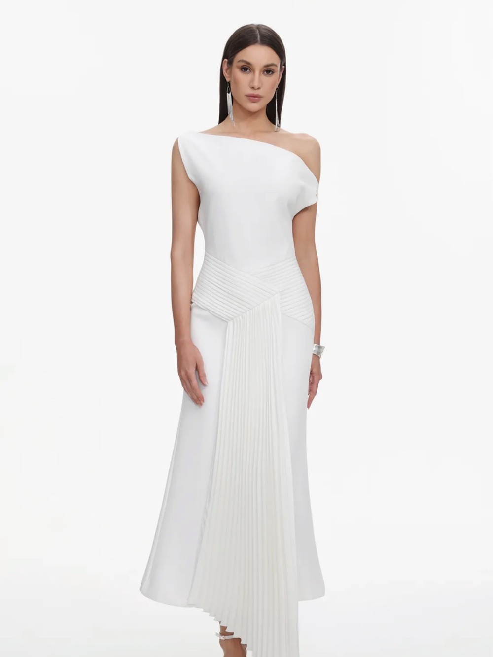 Paulina Oblique Shoulder Sleeveless Folds Midi Dress